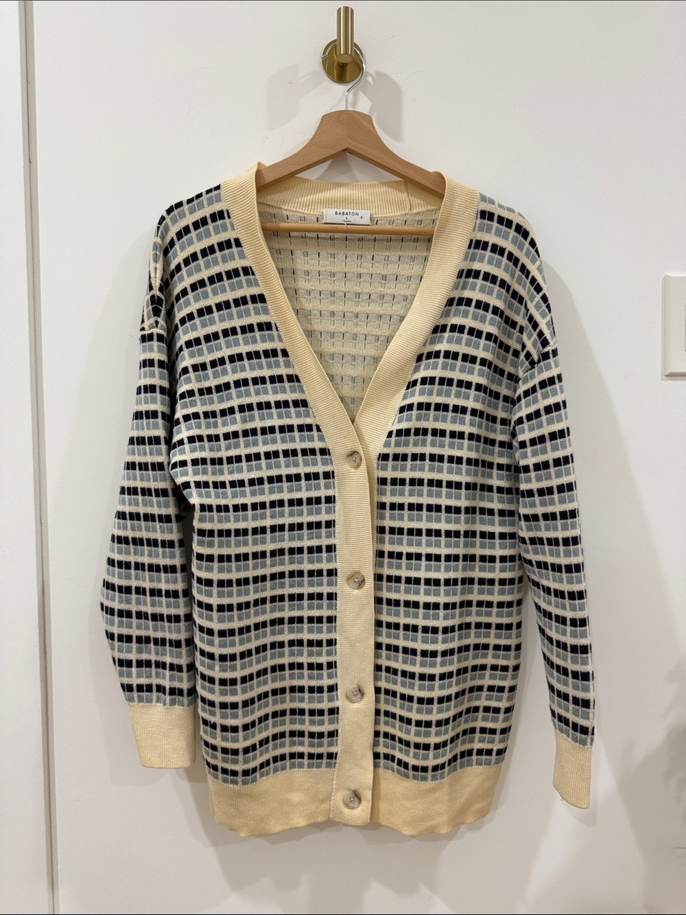Babaton Cream and Black Grid Button-Front Cardigan